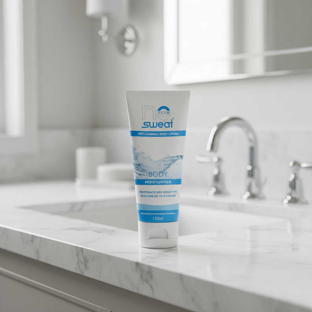 Tube of 'no more sweat' replenishing body cream on a white background