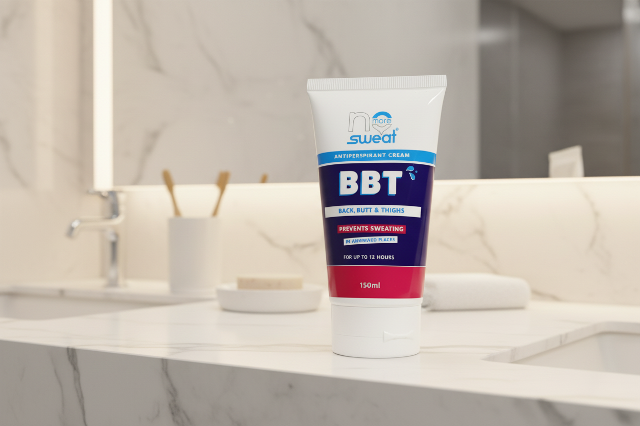 Tube of BBT antiperspirant cream on a white background